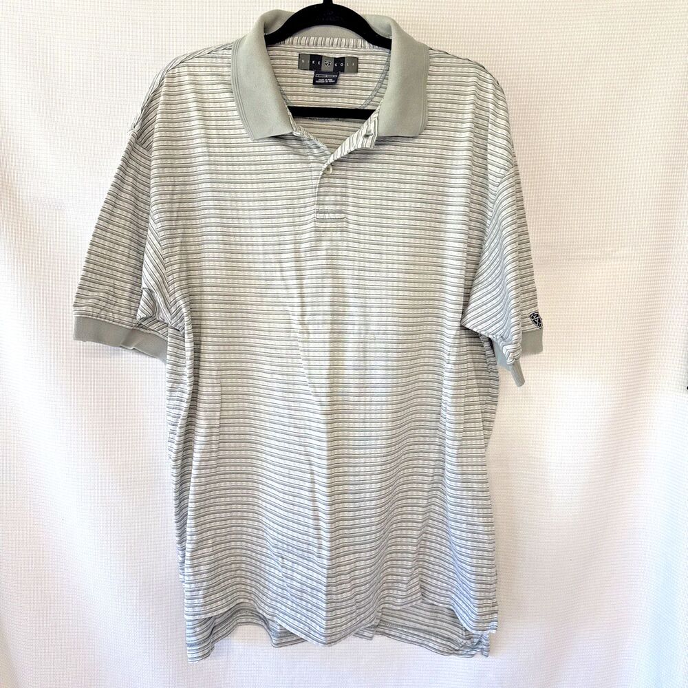 Nike Golf Polo Shirt Men's White Gray Striped Standard Fit Short Sleeve - L